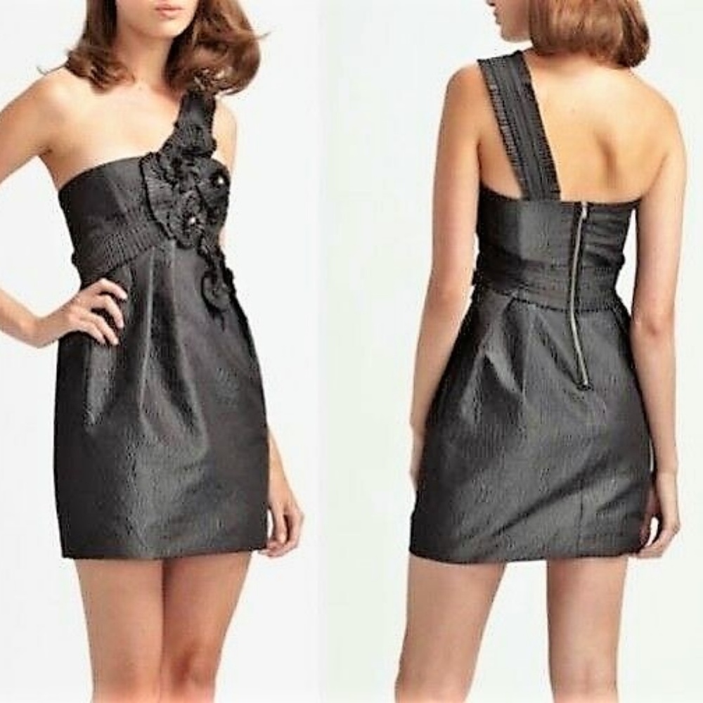 BCBG MAXAZRIA GUNMETAL BROCADE EMBELLISHED  DRESS